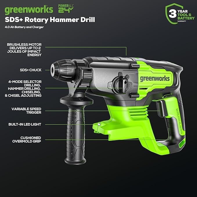 Greenworks 24V Brushless 2 pcs Cordless Power Tool Combo Kit, 2650 in./lbs Impact Driver and SDS 2J Heavy Duty Rotary Hammer Drill, Include 1 x 4Ah Batteries, 1 x 2Ah Batteries, 2 Charger