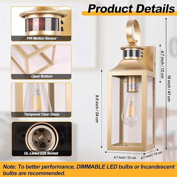 Motion Sensor Outdoor Wall Lights 2 Pack - Gold Dusk to Dawn Light Fixtures, Modern Exterior Wall Sconces, Large Outside Lamps for House, Garage Wall Lanterns 16"