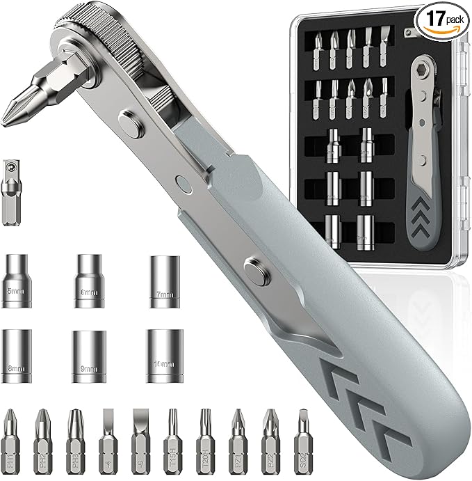 AXTH 17in1 Right Angle Ratcheting Screwdriver Set, [Bearing Steel] 36-Tooth Mini Ratchet Wrench, Men Gifts, Low Profile Ratchet Screwdriver, Magnetic Offset Screwdriver Repair Tool