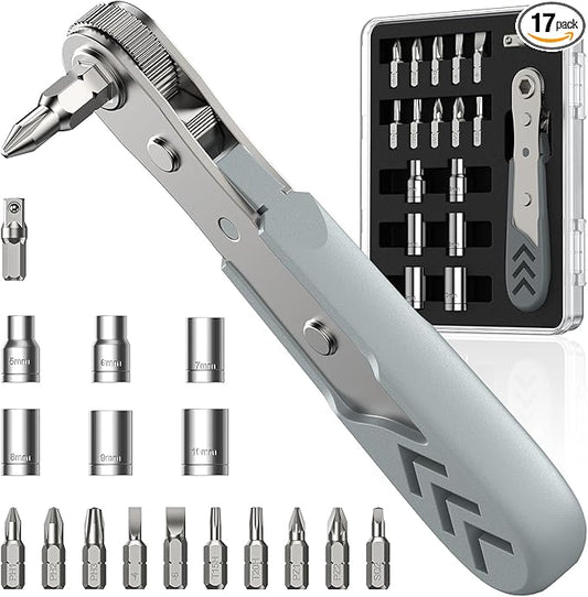 AXTH 17in1 Right Angle Ratcheting Screwdriver Set, [Bearing Steel] 36-Tooth Mini Ratchet Wrench, Men Gifts, Low Profile Ratchet Screwdriver, Magnetic Offset Screwdriver Repair Tool
