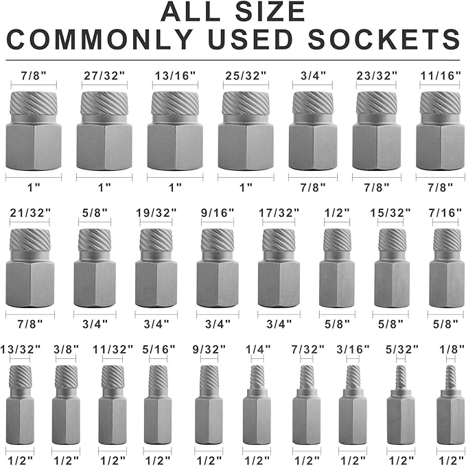 25Pcs Screw Extractor and Bolt Extractor Set, Hex Head Hand Multi-Spline Tool Remover Easy Out, Heavy Duty CR-MO Broken Bolts Screws Extraction Fastener Kit 1/8" to 7/8" in 1/32" Increments