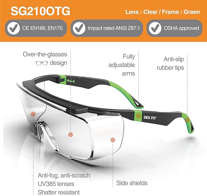 DEX FIT Safety Work Over Glasses SG210 OTG; 6 Pairs, Z87 for Men & Women, Fog & Scratch Resistant, Adjustable, UV Block (Black & Green Frame, Clear Lens)