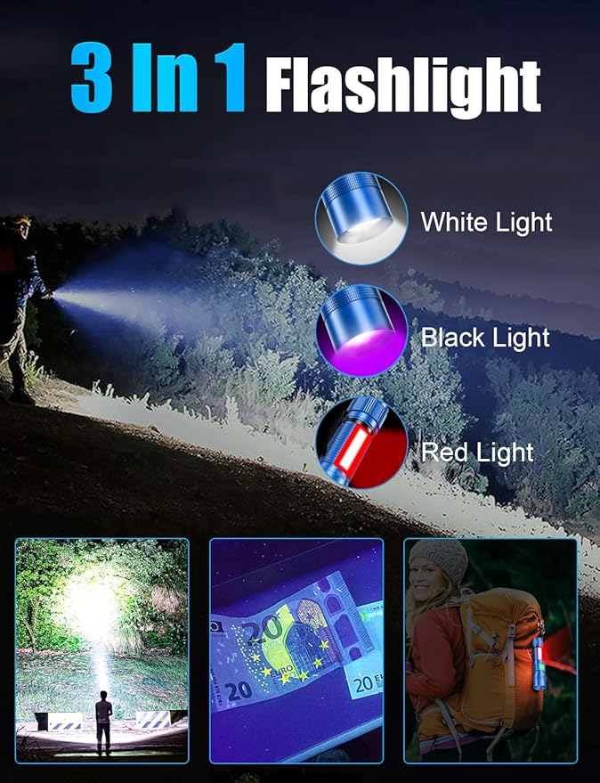 UV Rechargeable Flashlights Tactical,1000 High Lumens 3 in 1 LED Black Light Flashlight-Magnetic Base/Sidelight/Zoomable, Bright Pocket Flash Light with Case Box for Stains Detection Blue/Black