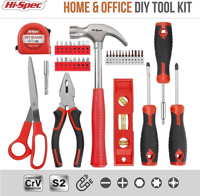 Hi-Spec 42pc Red Household DIY Small Tool Kit. Toolbox Set of Starter Basic Tools Kit for Home & Office