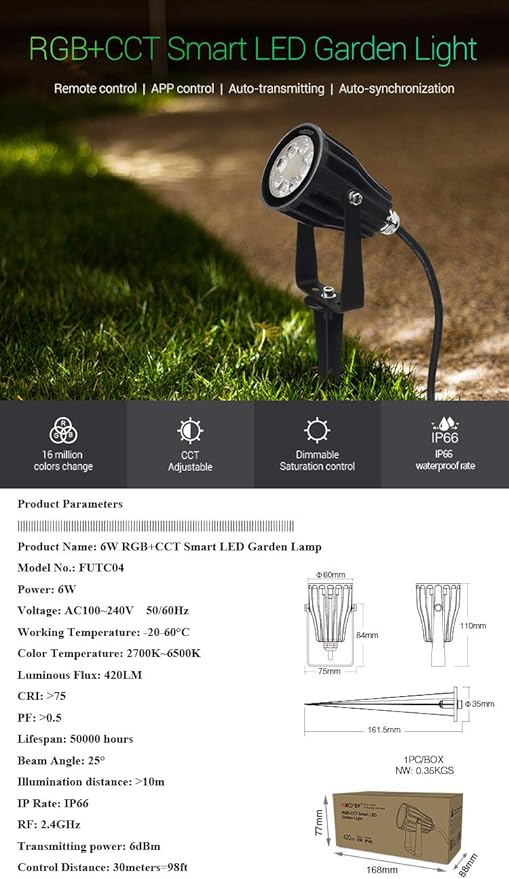 LGIDTECH FUTC04 Miboxer 6W RGB+CCT Outdoor LED Landscape Garden Spotlight AC100-240V 16 Million Colors Changing,Color Temperature Adjustable,Memory Function.Smartphone Can't Control Directly