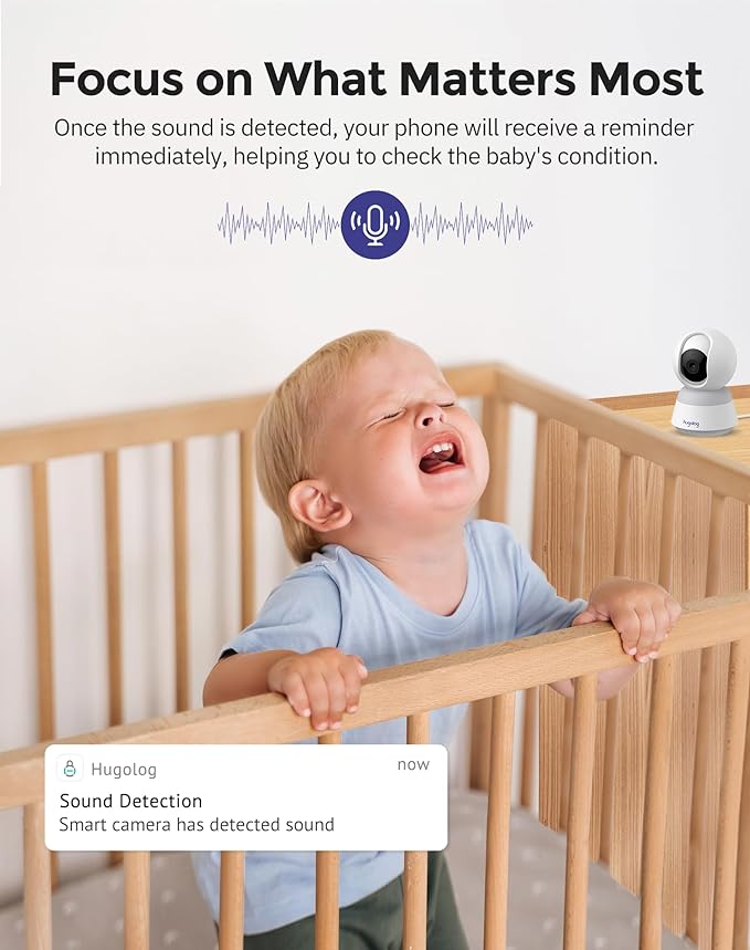 Hugolog 3K 5MP Indoor Pan/Tilt Security Camera with Auto-Focus,Ideal for Baby Monitor/Pet Camera/Home Security,Starlight Color Night Vision,Human/Pet AI,Noise Reduction,US Cloud,Works with Alexa