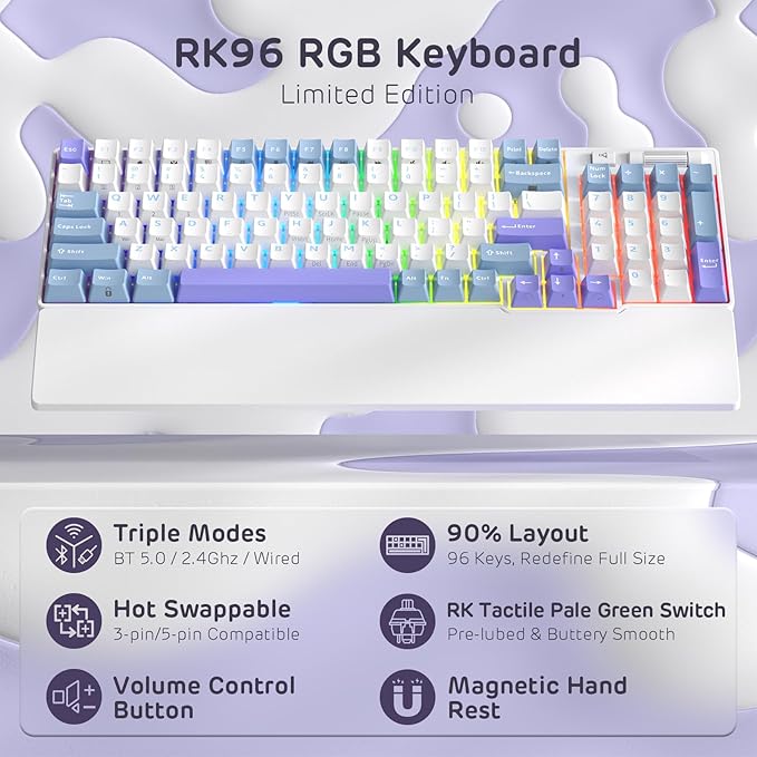 RK ROYAL KLUDGE RK96 RGB Limited Ed, 90% 96 Keys Wireless 3-Mode BT5.0/2.4G/USB-C Hot Swappable Mechanical Keyboard w/Wrist Rest, Volume Control, Software, Massive Battery, RK Pale Green Switch