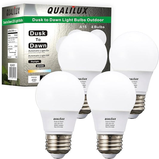 A15 Small Dusk to Dawn Light Bulbs Outdoor 450LM, Daylight, 5W=40W, Auto On/Off Non-Dimmable Replacement LED Bulb for String Lights, Porch, Patio, Garden, E26 Base, 4-Pack, HQ-H031