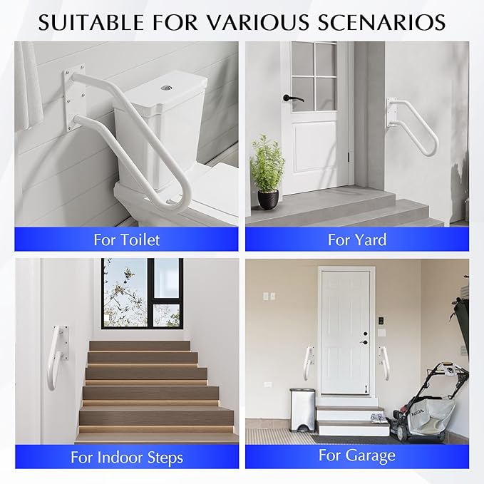 Hand Rails for Outdoor 1-2 Steps, Indoor Stairs, Bathroom, Wall Mount Non-Slip U-Shape Stair Hand Railing White 1 Pack