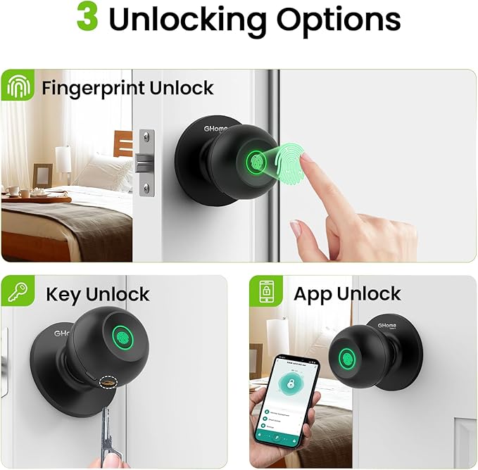 GHome Smart Fingerprint Door Lock, 3 in 1 Smart Fingerprint Door Knob with App Control & Key, Auto Lock, Biometric Thumbprint Door Locks for Bedroom, Garage, Home & Office