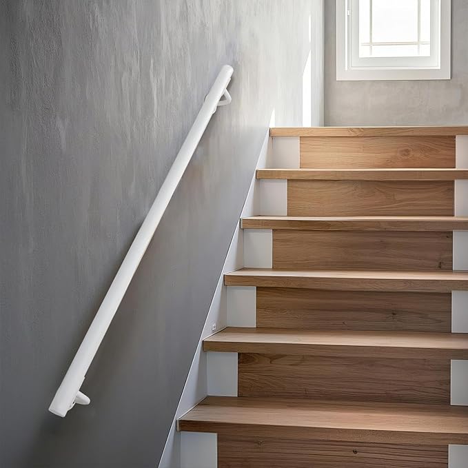 4 FT Heavy Duty White Metal Stairs Railing Indoor, Wall Mount Pipe Stair Handrail - Hand Rails for Indoor & Outdoor Steps, Banister Deck Porch Patio Railing, Wall Grab Bars for Seniors