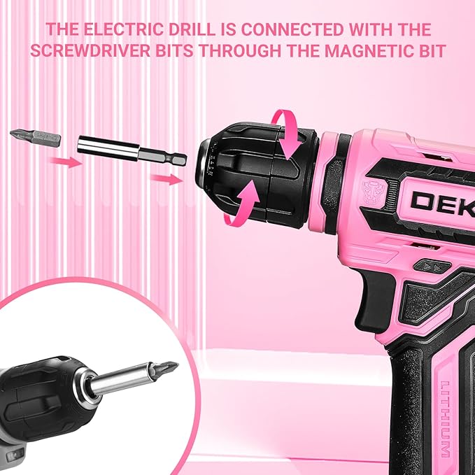 Cordless Drill：DEKOPRO 12V Power Drill Set with Pink 800RPM Electric Drills with Tool Set Gift Box, Pink Drill Set for Women