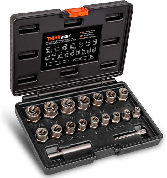 THINKWORK Bolt Extractor Kit, 18-Piece Nut Extractor Socket Set, 3/8" Drive Rounded Bolt Remover, Lug Nut Removal Tool for Damaged, Rusted, Rounded-Off, Stripped Fasteners