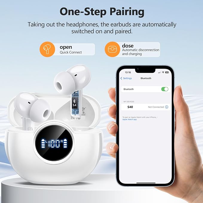 Wireless Earbuds 2025 NEW Bluetooth 5.4 Headphones Bass 3D Stereo, In-Ear Earphones with 4 ENC Noise Cancelling Mic, 48H Playtime with LED Display, IPX7 Waterproof for Laptop Pad Android iOS, White