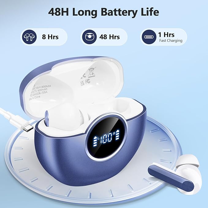 Wireless Earbuds 2025 NEW Bluetooth 5.4 Headphones Bass 3D Stereo,In-Ear Earphones with 4 ENC Noise Cancelling Mic,48H Playtime with LED Display, IPX7 Waterproof for Laptop Android iOS, Gemstone Blue