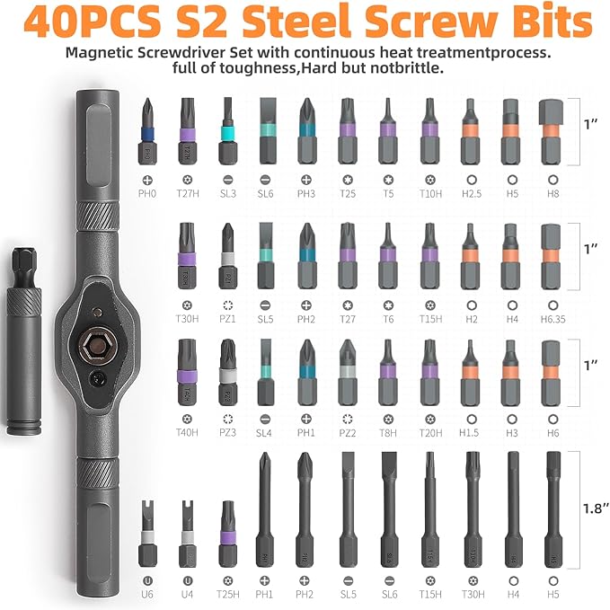 42 in 1 Magnetic Screwdriver Set, Ratchet Screwdriver Magnetic, 42 in 1 Diy Screwdriver Set Ratchet Handle Detachable Versatile Toolkit for PC, Furniture, Bicycle (Orange)