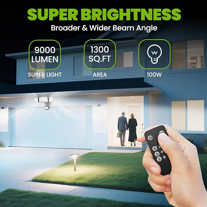 MAGAGUVU 100W Flood Lights Outdoor, 9000LM LED Security Light Motion Sensor Outdoor Lights, 6500K Daylight LED Flood Light with Remote Control, IP66 Waterproof Security Lights for Yard Garage Stadium