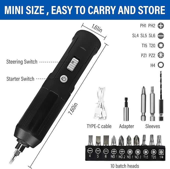 4V Cordless Electric Screwdriver with Dual Modes & Type-C Charging | 3.8Nm Torque, 15 Precision Bits | Portable Tool for Home DIY, Furniture Assembly, Electronics Repair