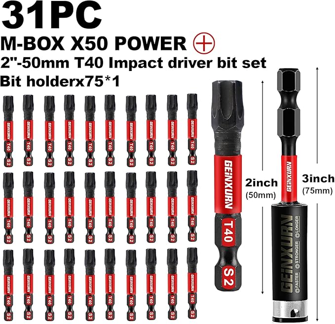 30Pieces 2 In. T40 Impact Tough Magnetic Screwdriver Bit Set, #40 Torx Head Power Bits, S2 Alloy Steel Star Bits with 1Pc Impact Bit Holder and Storage M-Box