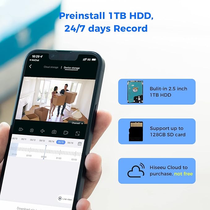 Hiseeu Wireless Security Camera System, 4 Cam- Kit 5MP Outdoor Security Camera with with 10in LCD 1T HDD,[Plug in & Play] 2.4G/5Ghz,2-Way Audio,Color Night Vision, IP66 Waterproof, No Montly Fees