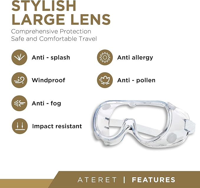 ATERET Anti-Fog Protective Safety Goggles I Lightweight Adjustable Clear Lens Eyewear I Chemical Splash Protection Eyeglass