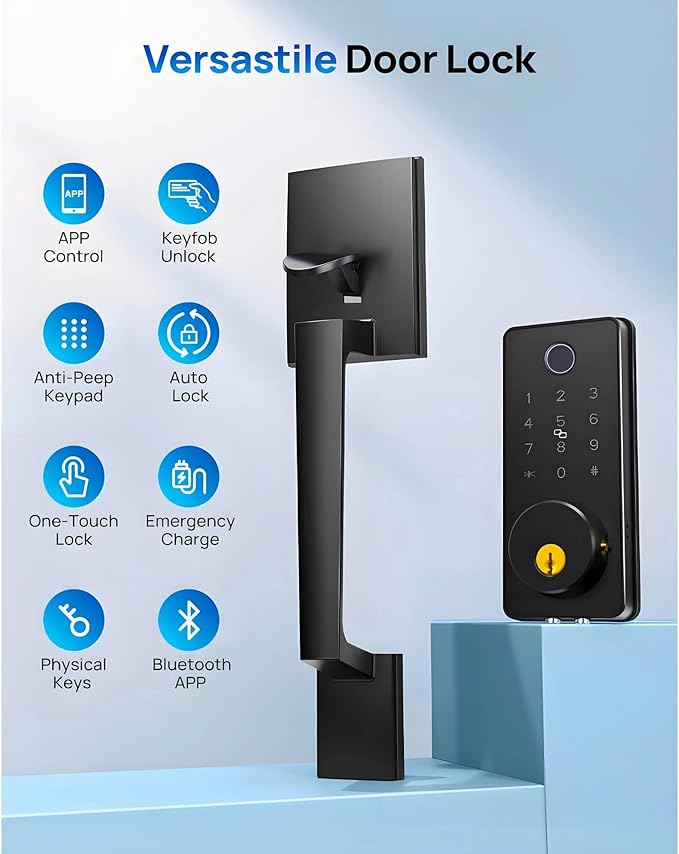 WiFi Smart Keyless Entry Door Lock Set w/Front Door Handle, 0.1s Fingerprint Biometric Unlock, Auto Lock, APP Remote/Passcodes/Cards Control, Keypad Deadbolt, Easy Install for Entry Bedroom