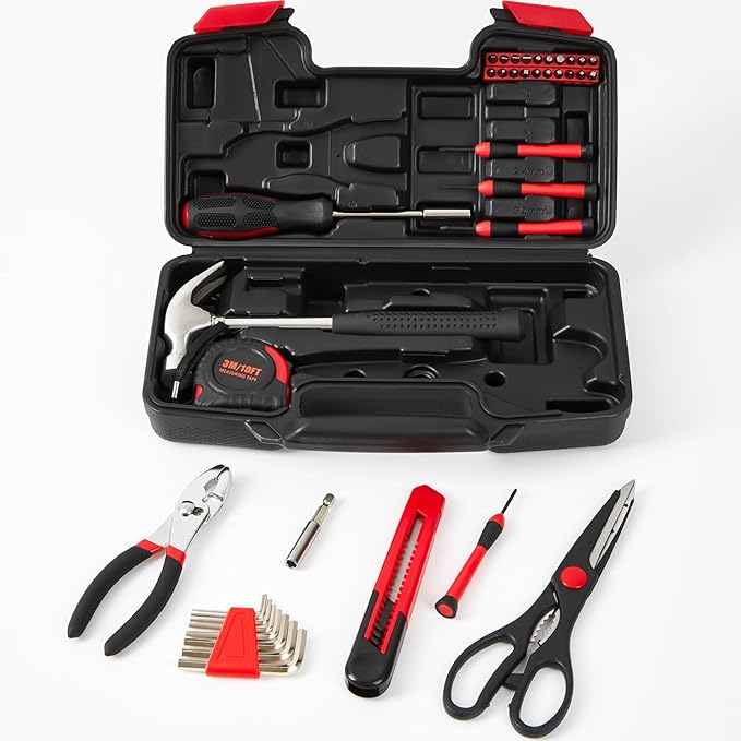 39 Piece Tool Set General Household Hand Kit With Storage Case Basics Tools for Home, Garage, Office and College Dormitory Use (Red)