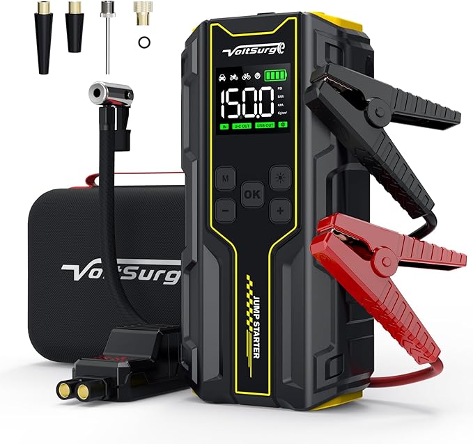 Car Jump Starter with Air Compressor, VoltSurge 6000A Peak 12V Battery Jumper Starter Portable Booster Pack, 150PSI Safe Jump Box with LED Light(Up to 10L Gas/8L Diesel Engine)