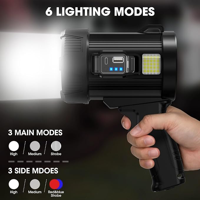 Rechargeable Spotlight, 90,000 Lumens Super Bright Handheld Led Flashlight, Outdoor Spot Light with Cob Light and Solar Panelsfor Boating Camping