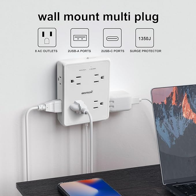 Multi Plug Outlet Extender Surge Protector Adapter, 8 Outlet with 4 USB Ports (2 USB C) 1350J Power Strip Wall Charger Spaced for Travel,Home, Office, Dorm Room, White