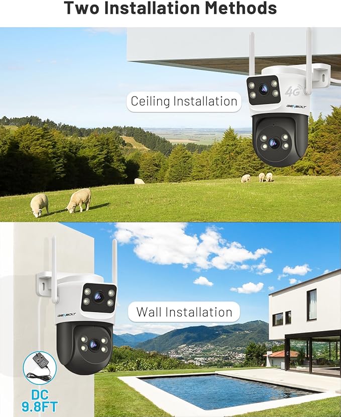 GENBOLT 4G LTE Cellular Security Camera Outdoor No WiFi, Dual Lens PoE Surveillance Camera CCTV with Sim Card, 24/7 Recording Plug in Wired IP Cam with Auto Tracking Human Detection
