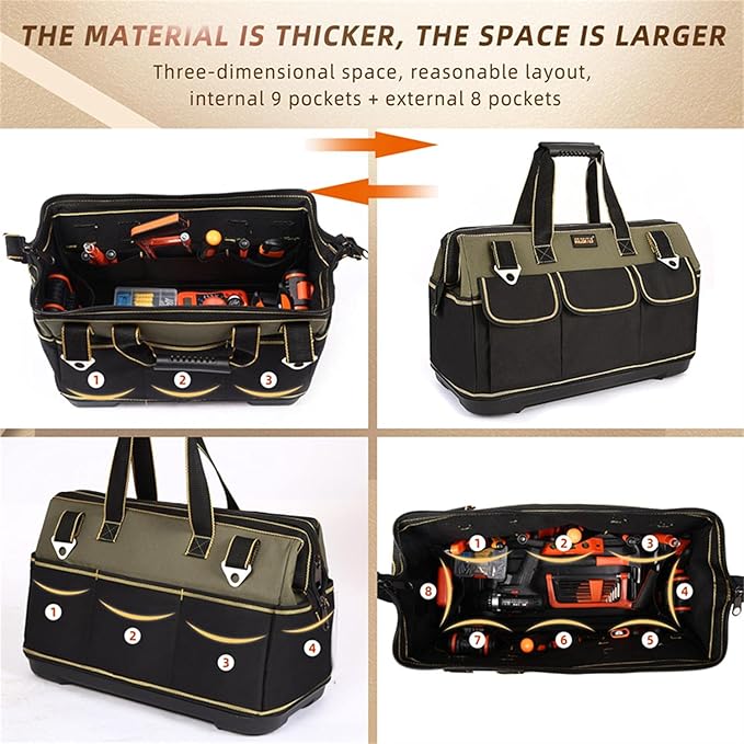 22 Inch Wide Mouth Tool Bag With Water Proof Molded Base Tool Storage Bag Multi-Functional Large Capacity Wearproof, Waterproof Tool Tote Bag (Green 22 Inch)