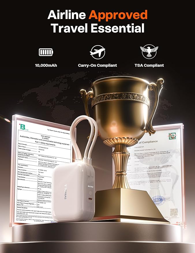 TORRAS 10000mah 45W Power Bank Portable Charger Fast Charging [Ultra Compact] Built in Cable USB C, Travel Essentials Phone Battery Pack Powerbank for iPhone 16 15, Samsung Google Moto etc