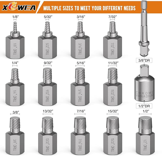 XEWEA Upgrade 15 Piece Screw Extractor Set, 3/8" Inch Impact Easy Out Stripped Screw Bolt Remover Kit Tool, Multi-Spline, for Removing Broken Screws, Bolts, Studs