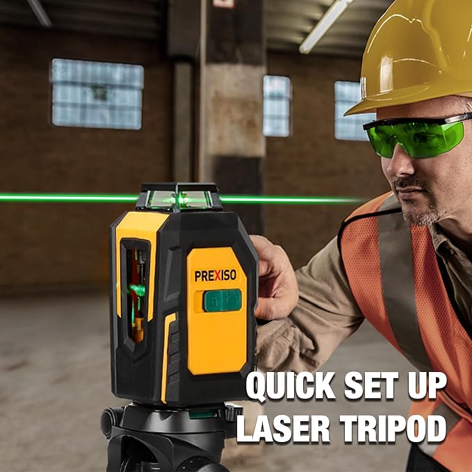 PREXISO 360° Laser Level with Tripod, 100Ft Cross Line Leveler- Green Horizontal Line Laser Level Self Leveling for Construction, Floor Tile Renovation with Target Plate, Green Glasses, 4 AA Batteries