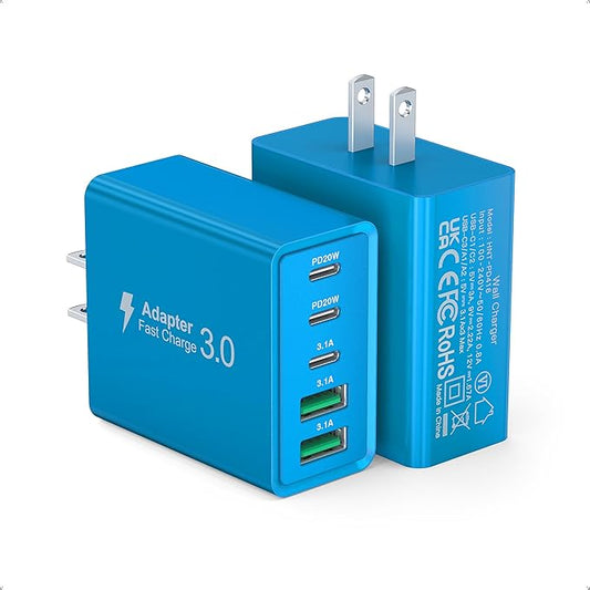 [50W/2Pack] Wall Charger, USB C Charger Block, 5-Port PD + QC 3.0 Fast Charging Power Plug Adapter Brick for Watch Series 10 9 8 7, for iPhone 16 15 14 13 Pro Max Airpod, Samsung Galaxy S24(Blue)