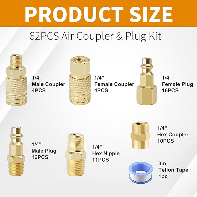 Air Coupler & Plug Kit,62 Pcs 1/4" NPT Air Tool Fittings Set,Quick Connect Air Hose Fittings Air Compressor Accessories