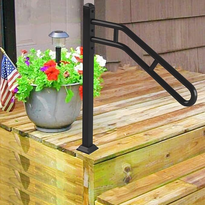 Single Post Handrail for Outdoor 1-3 Steps, Metal Bent Stair Handrails, Floor Mounted Wrought Iron Stair Railing, Sturdy U-Shaped Post Grab Rails with 2 Anti-Skid Crossbar for Garage, 32" L x 35.8" H