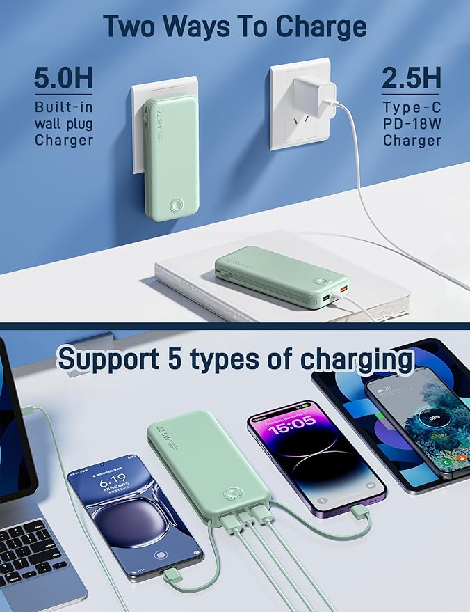 Portable Charger with Built in Cable and AC Wall Plug, USB C Power Bank 12000mAh 22.5W Super Fast Charging, Lightweight Portable Phone Charger Travel Battery Pack for iPhone, ect