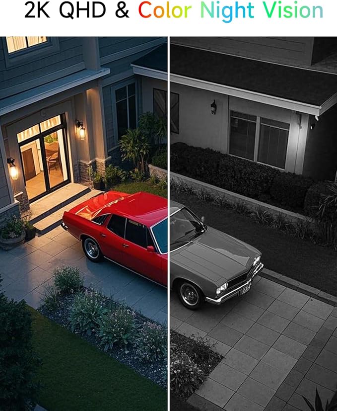 2.4&5ghz WiFi Solar Security Cameras Wireless Outdoor,2K QHD Home Security System, 4 Cameras Kit with 130° Ultra-Wide View, 2-Way Talk, IP65,Color Night Vision, Spotlight & Siren (4, Black)