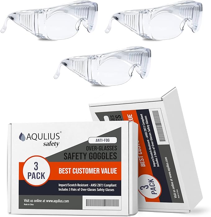 Aqulius Safety Glasses Over Eyeglasses - 3 Pack, OTG Style - Anti-Fog & Scratch-Resistant Safety Goggles Over Glasses Fit Over Prescription Eyewear