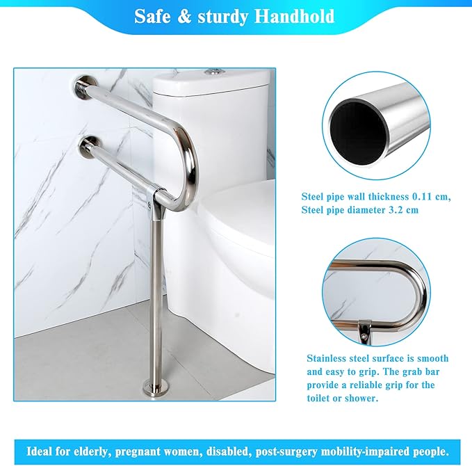 Handicap Bathroom Bar - 304 Stainless Steel Non-Slip Handrail for Disabled Toilet & Shower, Barrier-Free Safety Railing with Hand Grips