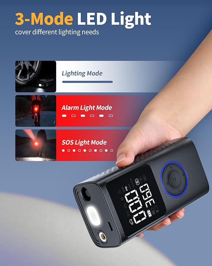 Tire Inflator Portable Air Compressor, 150 PSI Cordless Bike Pump, Air Pump for Auto, Motorcycle, Bicycle, Balls with Pressure Gauge, LED Light & Car Accessories, Blue, Medium