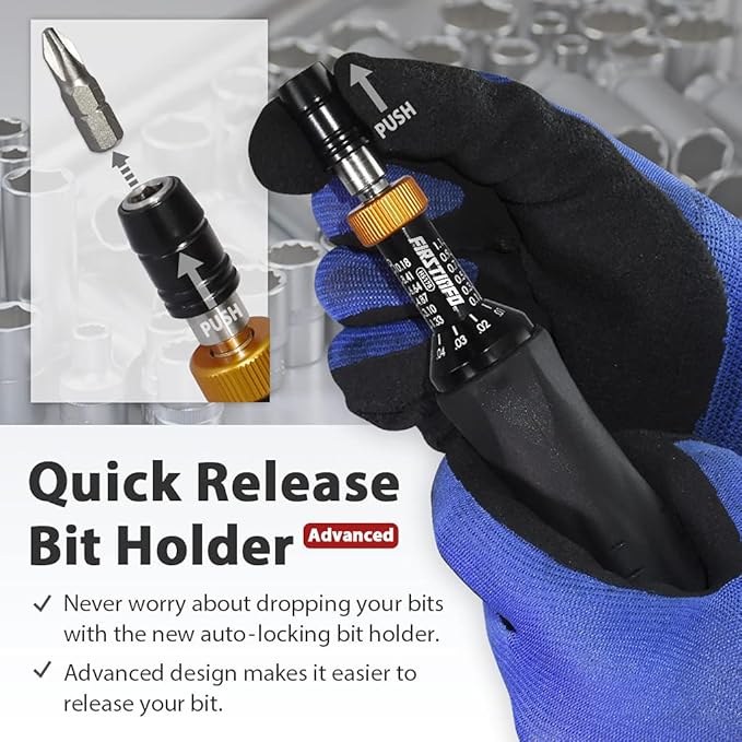 FIRSTINFO H5178 Precision Certified Torque Limiting Screwdriver, 1/4 Inch Hex Quick Release Bit Holder, 0.1-1.2 Nm/1.33-10.18 In-lb with Double Scale