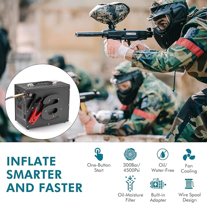 PCP Air Compressor with Manual Shut Down, 4500Psi/30Mpa, Water/Oil-Free, Powered by 12V DC/120V AC, Fan Cooling System, PCP Compressor for Air Rifle, Paintball and Scuba Tank Compressor Pump (Gray)