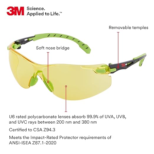 3M Safety Glasses, Solus 1000 Series, ANSI Z87, Scotchgard Anti-Fog, Amber Lens, Green/Black Frame