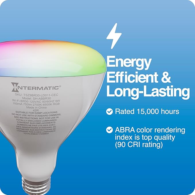 Intermatic ABRA BR30 Wi-Fi Smart Bulb, 750 Lumens - Voice Controlled RGB Color Changing LED, Compatible with Alexa & Google Home - Timers & Schedules, 2.4 GHz Wi-Fi Only, No Hub Required - 4 Pack