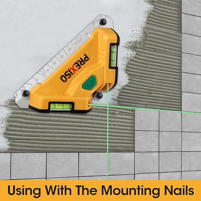 PREXISO Square Laser-65Ft Green Beam Floor Tile Laser Level, Tile Laser Line Projection, Angle 90 degree Aluminum Base Magnetic Level Square Built-In 2 Bubble Vials-With 3 Mounting Pins 3AA Batteries