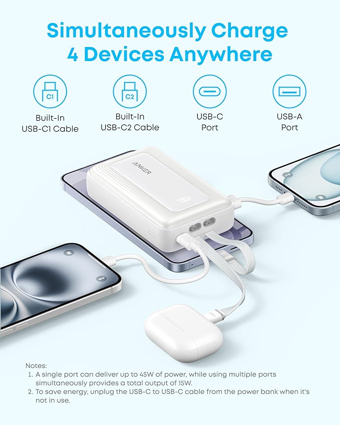Anker Zolo Power Bank, 45W Max Fast Charging, 20,000mAh Battery Pack with Dual Built-in USB-C Cables, 1 USB-C&A Port, for iPhone 17/16 Series, Samsung, MacBook, iPad, and More