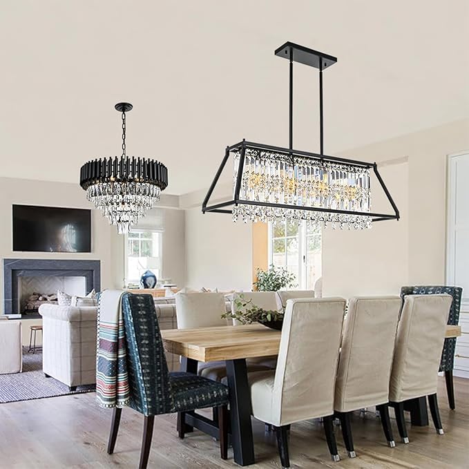 Crystal Chandelier Light for Dining Room, 4-Light Trapezoidal Industrial K9 Crystal Pendant Lights with Black Metal Frame Pendant Lamp for Kitchen Island Living Room Entryway (Black)